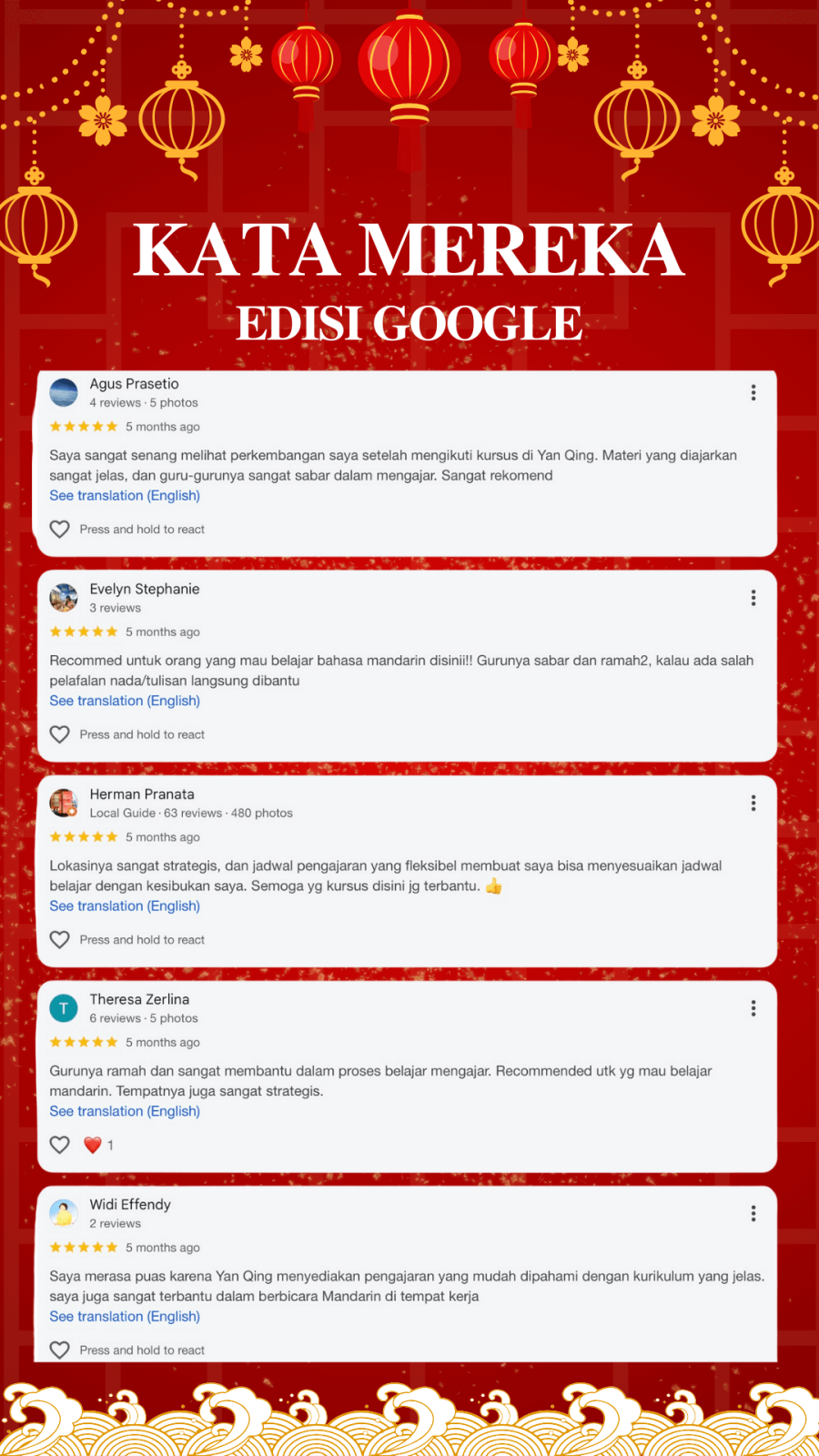 GOOGLE REVIEW YAN QING NO. 1 MANDARIN LANGUAGE CENTER SURABAYA