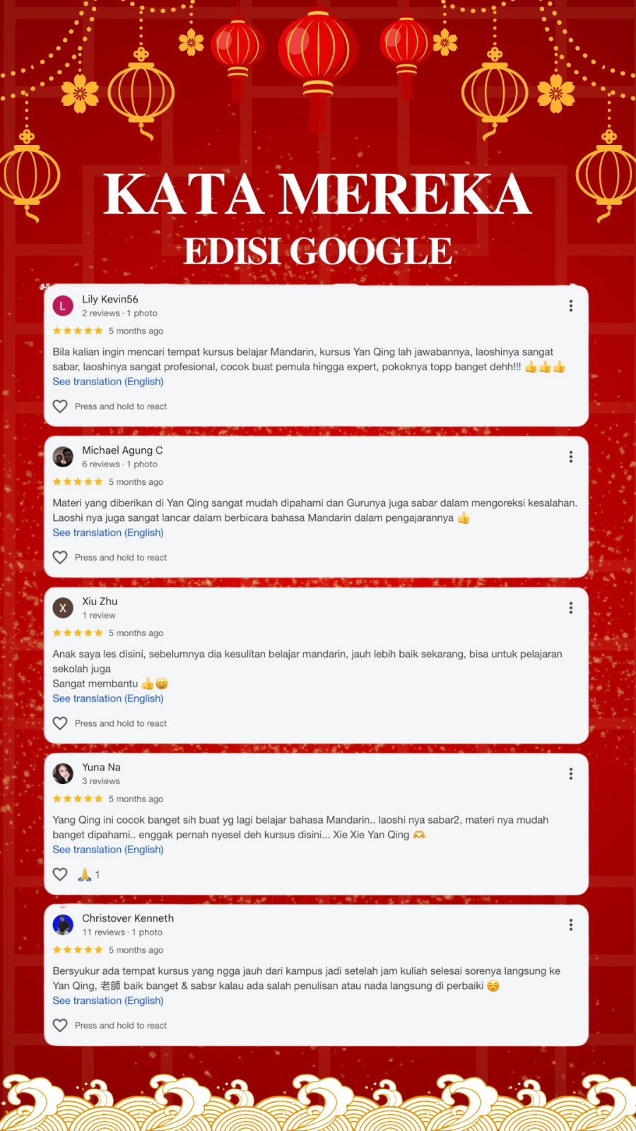 GOOGLE REVIEW YAN QING NO. 1 MANDARIN LANGUAGE CENTER SURABAYA