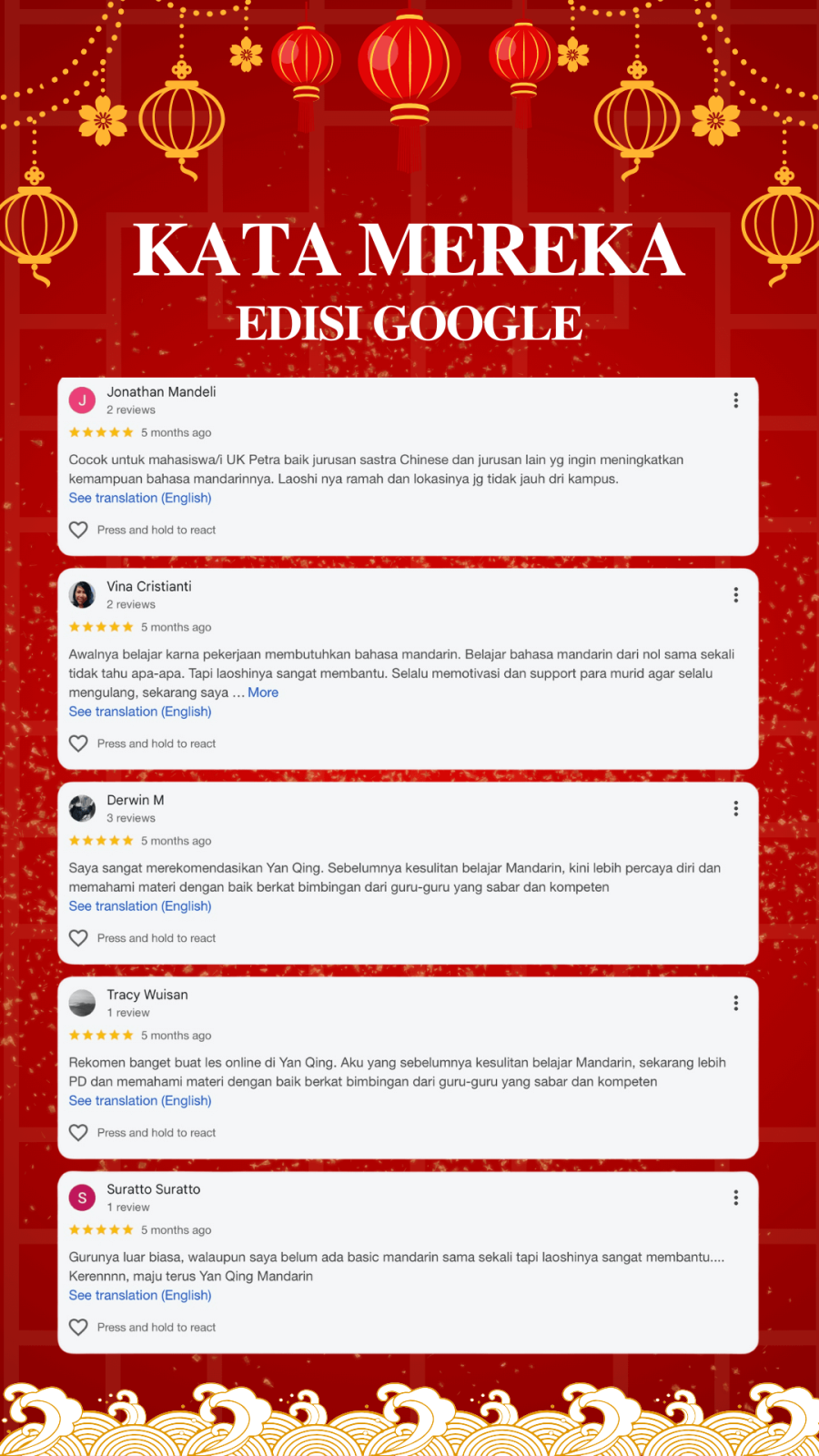 GOOGLE REVIEW YAN QING NO. 1 MANDARIN LANGUAGE CENTER SURABAYA