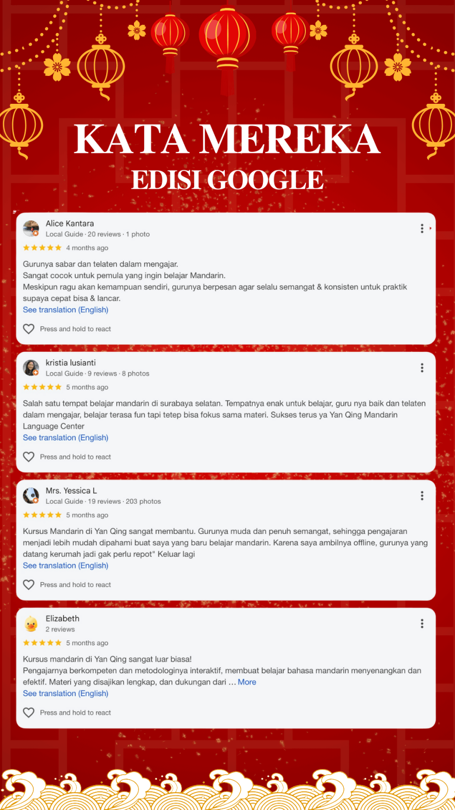 GOOGLE REVIEW YAN QING NO. 1 MANDARIN LANGUAGE CENTER SURABAYA