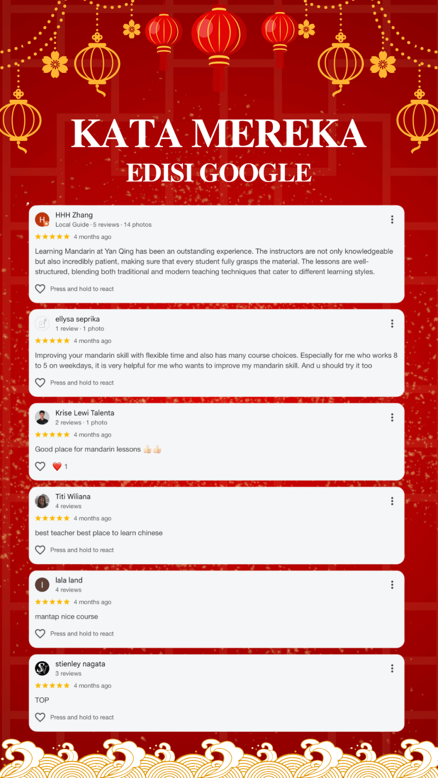 GOOGLE REVIEW YAN QING NO. 1 MANDARIN LANGUAGE CENTER SURABAYA